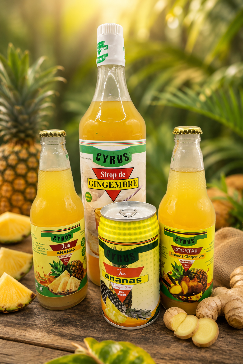 Gamme complète Les Jus CYRUS — Bouteille ananas, Sirop gingembre, Cocktail, Canette